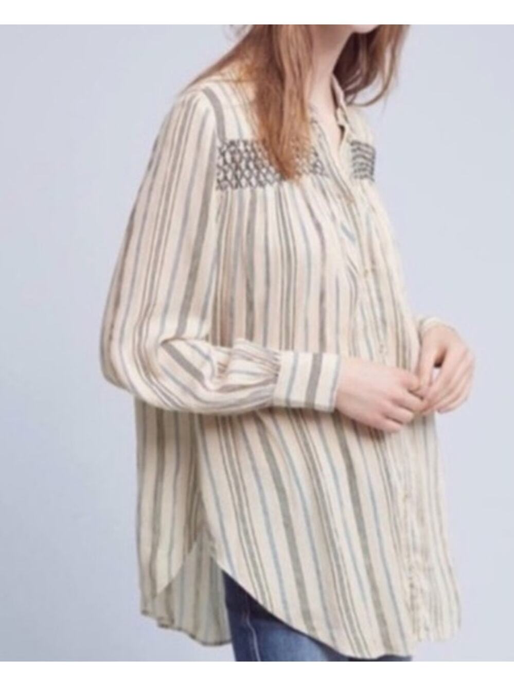 Anthropologie Floreat Striped Embroidered Long Sleeve Blouse Sz Medium M